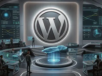 Console de vaisseau spatial affichant le logo WordPress pour illustrer la formation