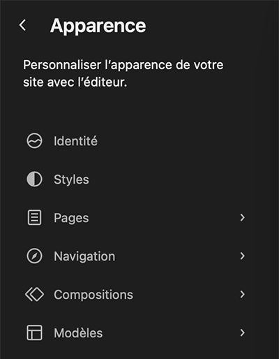 Menu Gutenberg l'éditeur de site de WordPress